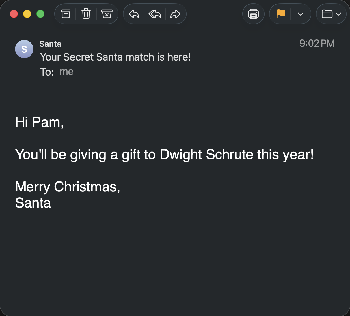 Example Secret Santa email (dark)